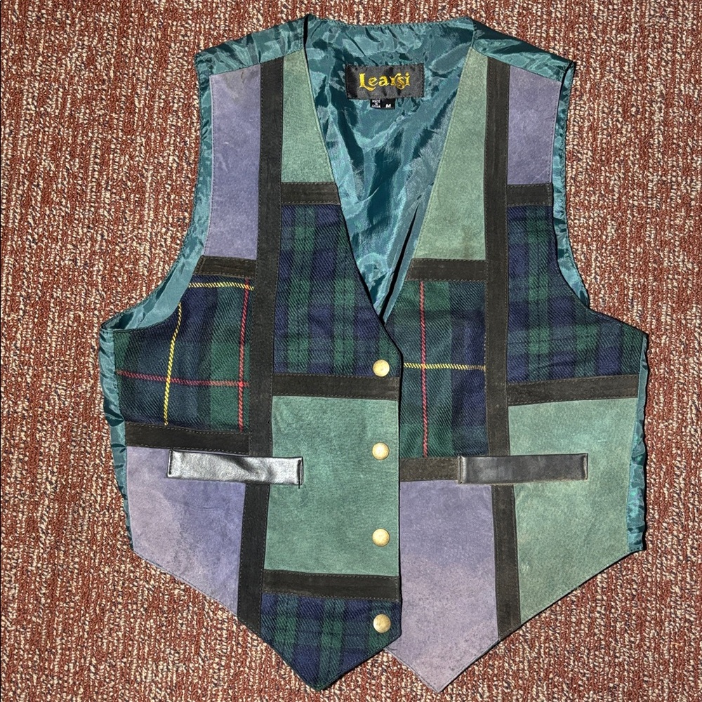 Learsi emerald green hunter green navy plaid leather Multicolor Patchwork Vest M